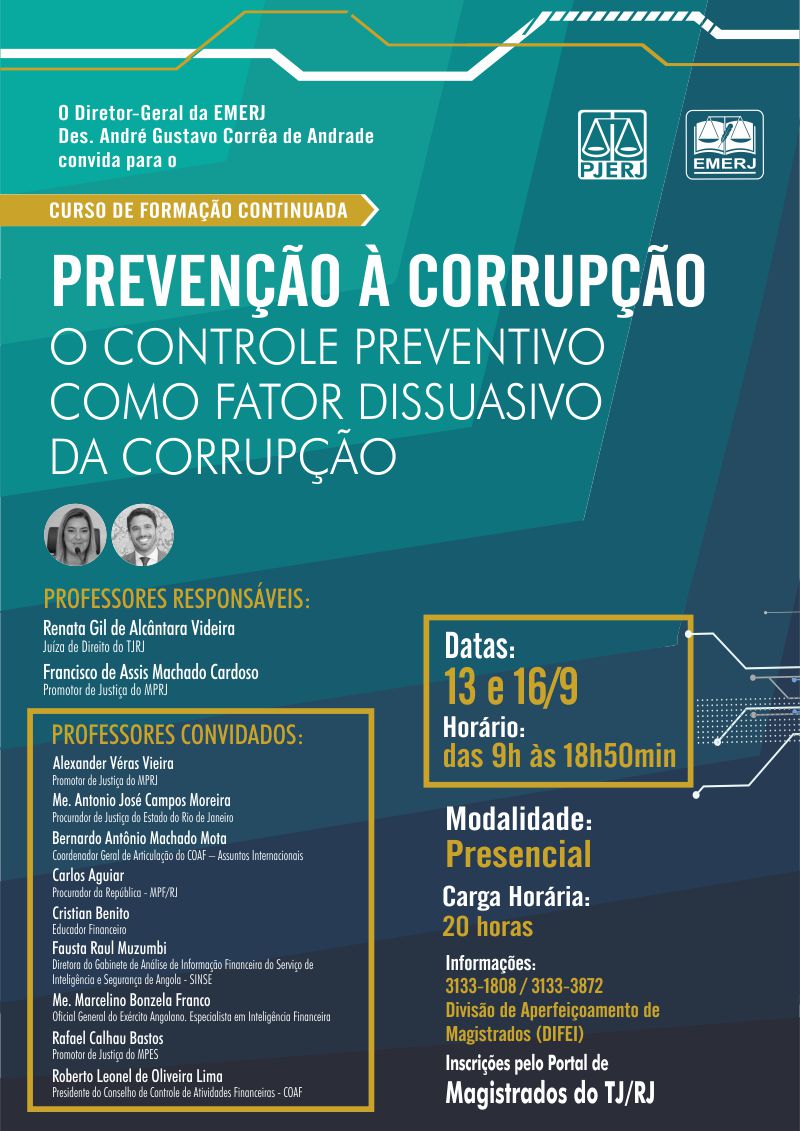 Últimas vagas para o curso da EMERJ Prevenção à Corrupção AMAERJ