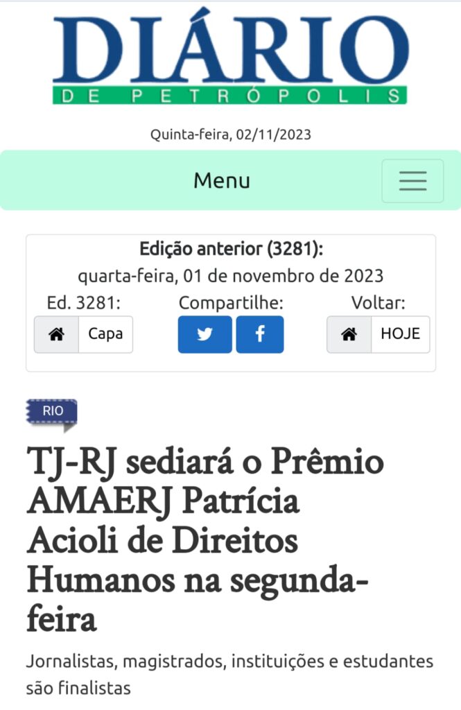 G1, O Dia e Diário de Petrópolis destacam a cerimônia do Prêmio AMAERJ  Patrícia Acioli de Direitos Humanos