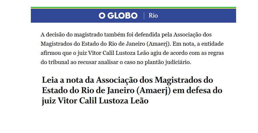 O Globo, G1 e Band publicam nota da AMAERJ em apoio a magistrado do Rio