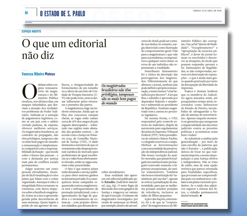 Presidente da AMB defende a valorização da Magistratura em artigo no ‘Estadão’